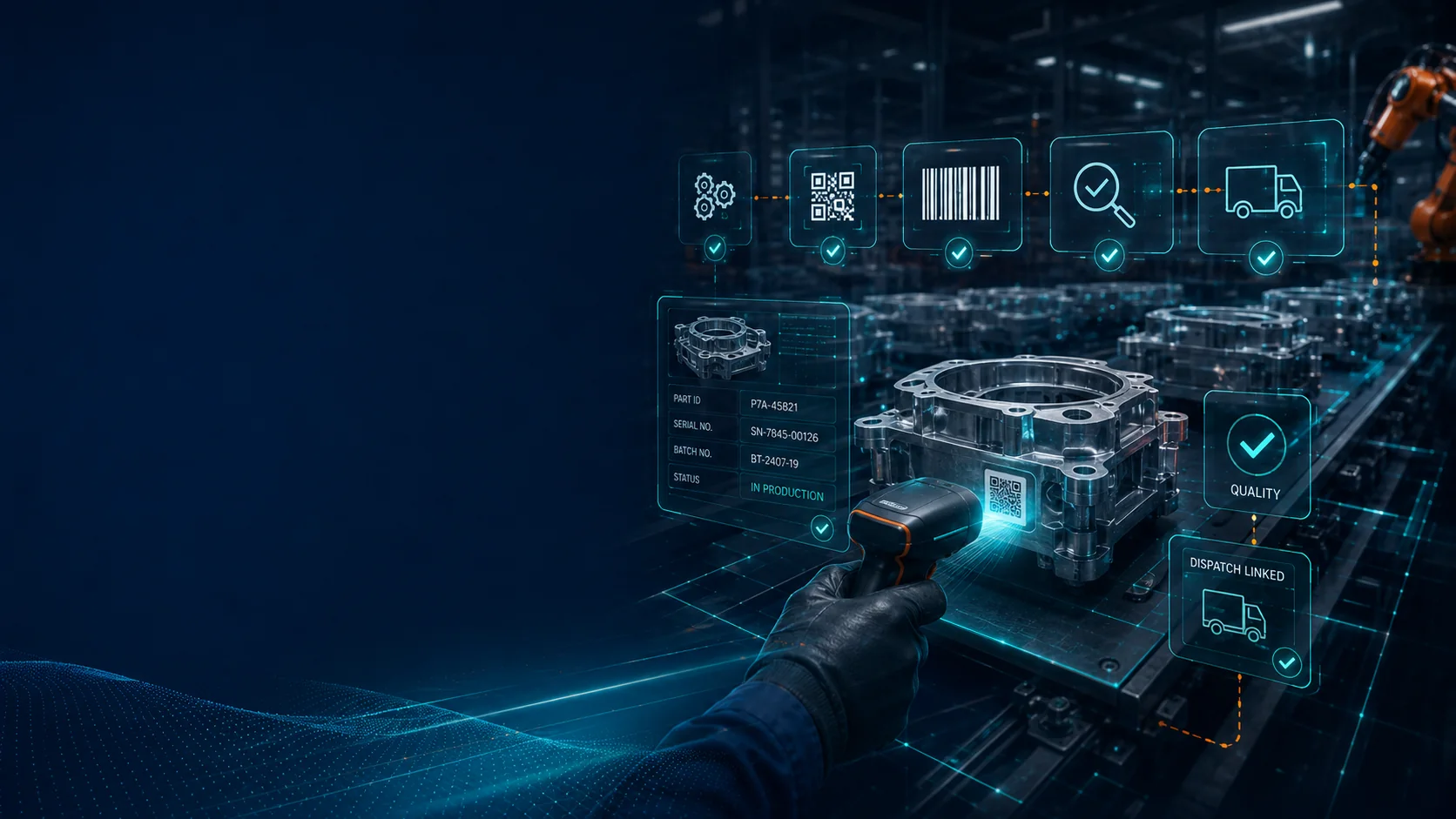 Traceability workflow with QR scanning and linked quality dispatch data