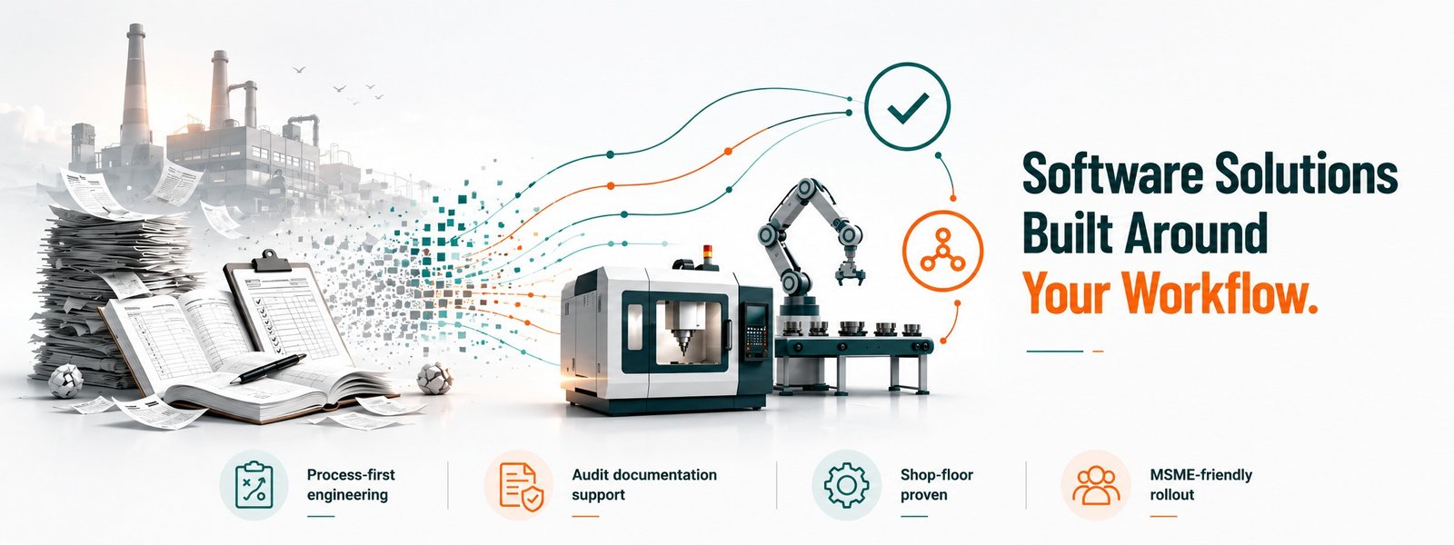 Software Solutions Built Around Your Workflow  stacks of paper records and inspection registers giving way to a CNC machine, robot arm and connected shop-floor systems. Process-first engineering, audit documentation support, shop-floor proven, MSME-friendly rollout.